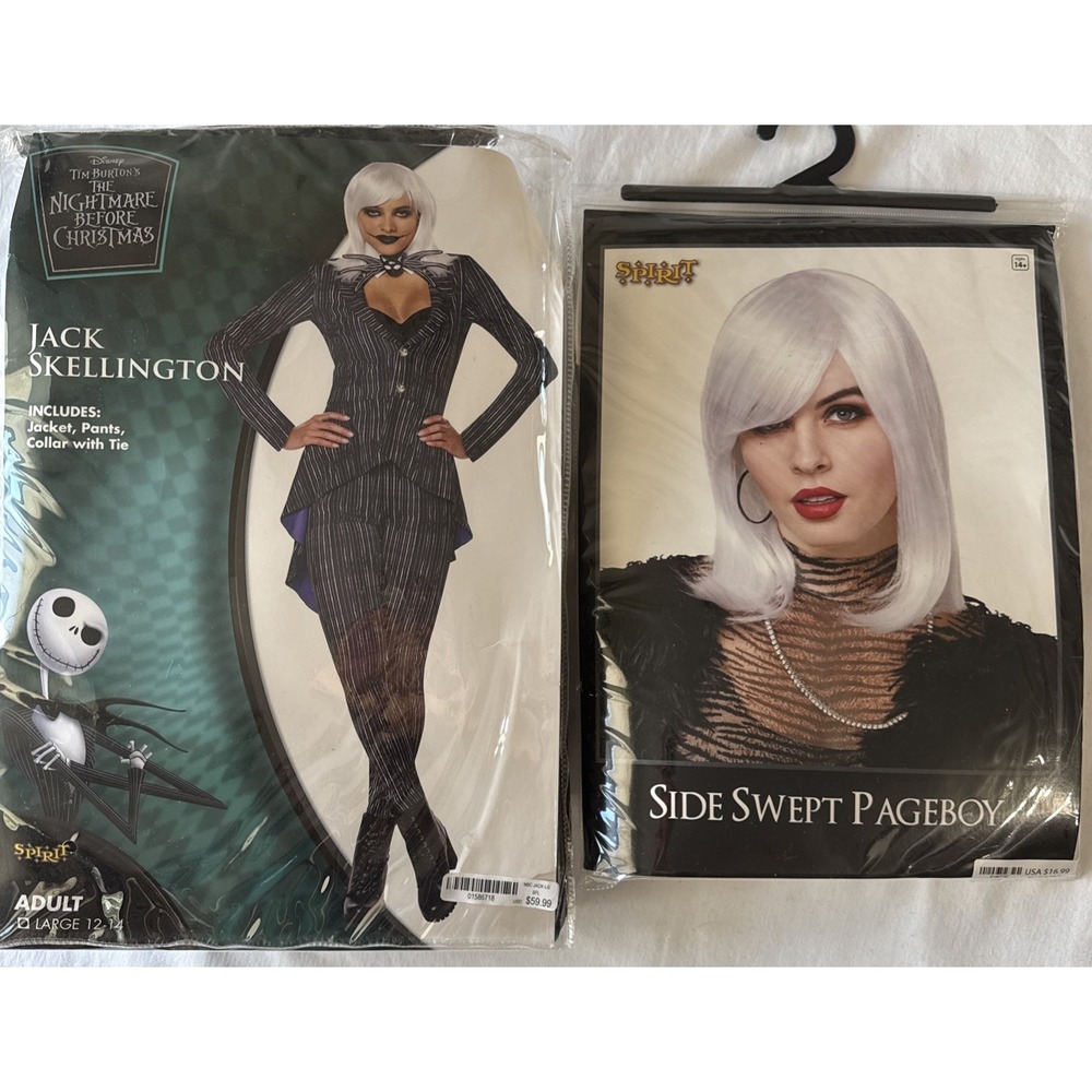 Spirit Halloween Jack Skellington Costume Womens Large 12-14 White Wig Lot Set